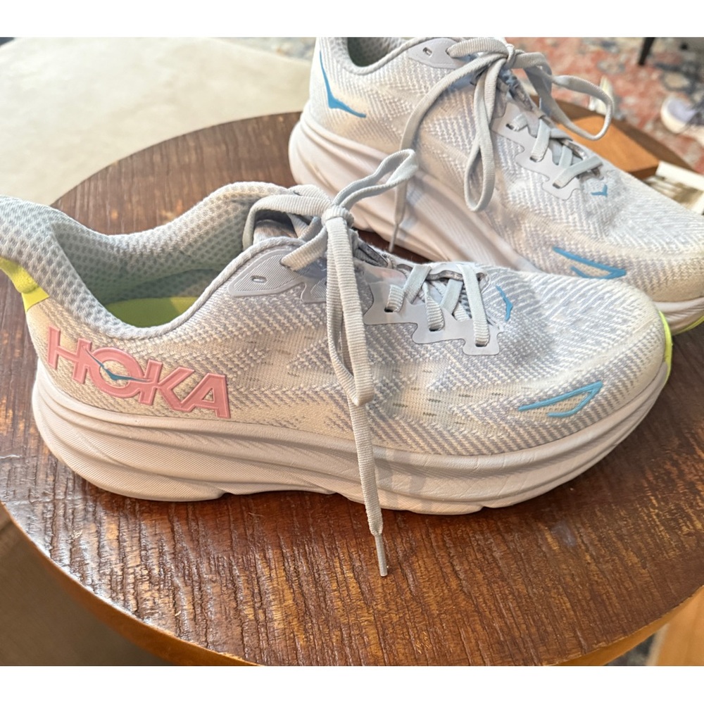 Hoka White and Pink Athletic Sneakers, Clifton 9